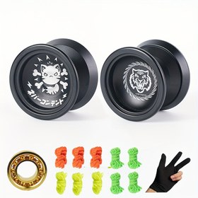 Resim Gelişmiş Yo Top Seti, Reaksiyona Girmeyen Metal Alüminyum Alaşımlı, Başlangıçlar İçin Dayanıklı Açık Hava Spor Oyuncakları, Eldivenler, Yataklar, 10 Halat Dahil - Siyah 