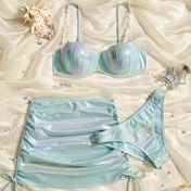 Resim Kadınlar için Gradient Tie-Dye Bikini Seti - Yüksek Bel Mayo & Bağcıklı Etek, 3 Parça Mayo, Iridiscent Yeşil & Mavi Hawaii Tarzı, Plaj Tatilleri için Mükemmel, Plaj Tatili Mayo | Düğmeli Tasarım | Orta Esneklikli Kumaş 