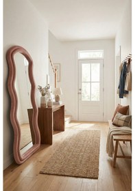 Resim Ayaklı Kumaşlı Boy Aynası - Modern Dalgalı Tasarım Büyük Boy Ayna 182x87 Cm Pembe 