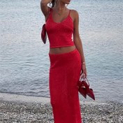 Resim Şık Trendy Sırtı Açık Camisole Üst Sarma Kalça Uzun Etek Parlak 2 Parça Takım Dar Kesim Crop Camisole Üst A3171 