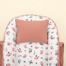 Resim Babynest ve Yastık - Çift Taraflı - Gül Kurusu Muslin - Kelebekler 
