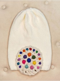 Resim Senbeno Design El Örgü Motif Işlemeli Özgün Tasarım Uzun Triko Ekru Kadın Bere 