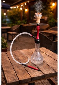 Resim Nargile Takımı 60 Cm Büyük Boy Cam Şişe 17 Cm Çap Modern Kırmızı Gövde Bahçe & Balkon Kullanımına Uygun Şık Nargile 