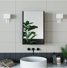 Resim ROOMART Banos Banyo Kulpsuz Tek Kapaklı Ahşap Siyah 40 Cm Aynalı Banyo Üst Dolabı 