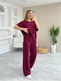 Resim Hazego Kadın Kısa Kollu Kayık Yakalı Dikiş Izi Detaylı Viskon Iki Iplik Bluz Ve Pantolon Ikili Takım Bordo 