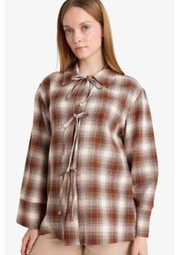 Resim Defacto Regular Fit Dama Desenli Flanel Önden Bağlamalı Uzun Kollu Tunik G1382ax25wnbn341 Kahve-bn341 