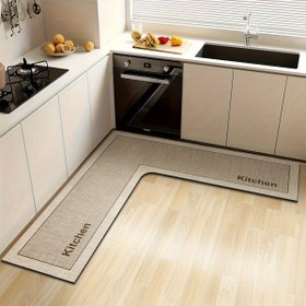 Resim Büyük Mutfak Etkisi ile "Mutfak" Metni - Kaymaz Taban, Ultra-Yumuşak Mikrofiber, Çizgili ve Düz Renkler, Giriş, Yemek Alanı Girişi için Uygun Düzensiz Şekil - Temizlemesi Kolay Ev Dekoru, Modern Mutfak Stili, Makine Yapımı Dayanıklılık, L-Şekilli Mutfak Matı, Zemin için Mutfak Matı, Halı Oturma Odası, Salon Halısı, Halı Oturma Odası 