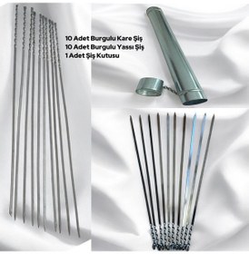 Resim 20'li Galvanizli Burgulu Çöp Şiş-kuşbaşı-ciğer-tavuk Şişi Seti,şiş Kabı 10 Yassı 10 Kare Şiş 