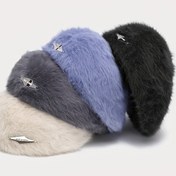 Resim Kadınlar için Peluş Sahte Tavşan Kürk Beret Şapka - Dekoratif Yıldız Yamalı, İki Tarafıyla Giyilebilir Hafif Kışlık Kapak, Pastel Mavi/Siyah/Açık Gri, Vintage Şık Günlük ve Resmi Kıyafetler İçin 