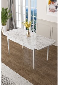 Resim Canisa Concept Zen Serisi 80x132 Mdf Açılabilir Beyaz Mermer Desen Masa Takımı Ve 8 Lacivert Sandalye Masa Beyaz/sandalyeler Lacivert 