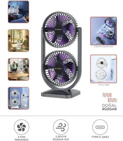 Resim EN SİGA Mini Fan | Taşınabilir Çift Başlıklı Sessiz Vantilatör | Type-C Girişli, 3 Kademel 