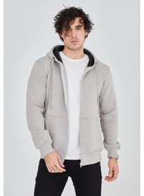 Resim Erkek Kapüşonlu Düz Fermuarlı Üç İplik Pamuklu Sweatshirt - Boyalı Gri Gri 