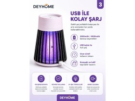 Resim deyhome Elektrikli Sinek Öldürücü Lamba USB Şarjlı Uv Işıklı Sivrisinek Kovucu ve Tuzak Lambası | Sessiz Çalışma | Taşınabilir Tasarım 