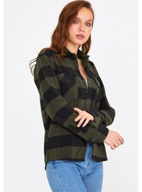 Resim Tarz Cool Kadın Haki-siyah Slim Fit Cepli Ekoseli Oduncu Gömlek-kkkodg001r08s Haki-siyah 