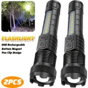 Resim 2 adet Taktiksel Odaklanabilir LED El Feneri, Yan Işıklar ve Manyetik Taban ile COB Sel Işıkları, USB Şarj Edilebilir, 3 Mod, Okuma, Çalışma ve Parti Kullanımı için Plastik ABS Acil Fenerler, Şarj Edilebilir Li-Ion Pilimler, 300mAh Kapasite, Taşınabilir Acil Işık | Manyetik Taban El Feneri | USB Şarj Edilebilir Fener, El Feneri 