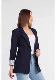 Resim Jument Yakalı Cepli Uzun Kol Katlamalı Blazer Kumaş Ceket-Lacivert 