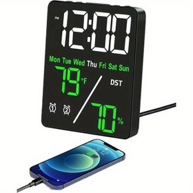 Resim Termo-Higrometreli Dijital LED Alarm Saati, Çift Alarm, Snooze, Tarih & Yıl Göstergesi, 12/24 Saat Geçiş, Hafta Günleri, DST, Otomatik Parlaklık Ayarı (3 Seviye), USB Çıkışı (5V1A) 