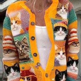 Resim Kadınlar İçin Kedi Desenli Hırka - Uzun Kollu Düğmeli Hırka, Makinede Yıkanabilir Günlük ve Resmi Giyim için Her Mevsime Uygun Katmanlama Parçası, Turuncu/Sarı/Yeşil/Mor/Siyah/Beyaz/Gri/Kahverengi/Bej/Turkuaz/Pembe Renk Seçenekleri - Kedi Severler İçin Mükemmel Hediye, Canlı Moda, Dayanıklı Kumaş, Dokulu, Çok Amaçlı Kullanım, Yuvarlak Yaka Tasarım, Yumuşak Malzeme, Moda Tutkunları 