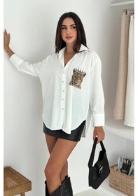 Resim Asprin Fashion Kaplan Desen Taç Baskılı Taşlı Gömlek Beyaz 
