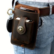 Resim Men's Vintage Üst Katman İnek Derisi Kemer Bel Çantası, Açık Hava Sporları İçin Çok Fonksiyonlu Cep Telefonu Çantası Bel Çantası, Yıldönümü Hediyeleri 