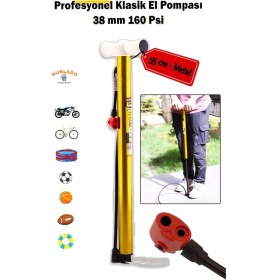 Resim Klasik Bisiklet Pompası 55 cm Pratik El Tipi Ayak Tutamaklı Metal Borulu Top Lastik Şambrel Şişirme. 