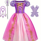 Resim 3-12 Yaş Kızlar İçin Yazlık Elbise, Mor Kabarık Kol Balonlu Parti Tulumu Lüks Cadılar Bayramı Karneval Mardi Gras Festivali Çocuk Giysisi 