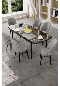 Resim Canisa Gale Serisi 80x132 Açılabilir Lak Panel Siyah Mermer Desen Mutfak Masa Takımı 6 Gri Sandalye Masa Siyah Mermer Desen Sandalye Gri 