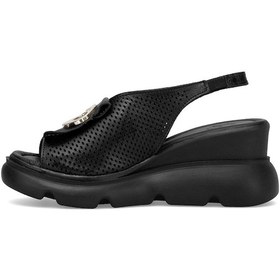 Resim Elit Zeyn 8067 Kadın Hakiki Deri Dolgu Topuk Sandalet Siyah Siyah 