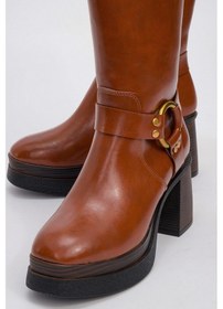 Resim Luvishoes Luvi Shoes Rock Taba Cilt Tokalı Fermuarlı Kadın Platform Topuklu Çizme Taba 