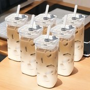 Resim 6 Adet Kare Cam Bardaklar Sızdırmaz Kapaklı & Pipetli - Ofis, Ev, Okul, Dış Mekan İçin Taşınabilir Yeniden Kullanılabilir Kahve Kupaları - Kupa Koleksiyoncuları için İdeal Hediye, Şık İçecek Kapları, Sağlam İçecek Kapları, Yalıtımlı İçecek Kapları, Ofis Çalışanları 