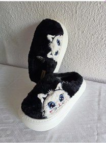 Resim Kadın Kedili Peluş Rahat Ev Terliği 25bnt133 Siyah 