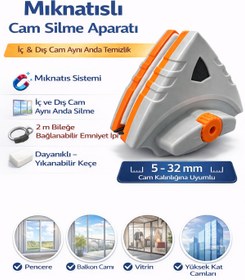 Resim Ekostem Mıknatıslı Çift Cam Ve Pencere Uyumlu Üçgen Model Kademe Ayarlı Cam Silme Aparatı 