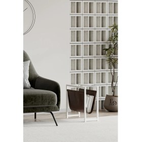 Resim ED Efelez Design Coral Koltuk Yanı Dergilik , Gazetelik , Kitaplık, Beyaz Metal - Kahverengi Deri 
