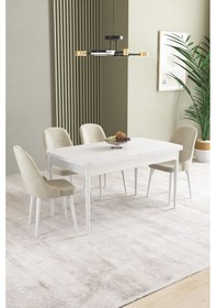 Resim Ikon Beyaz 80x132 Mdf Açılabilir Mutfak Masası Takımı 4 Adet Sandalye Krem 
