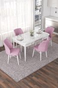 Resim Canisa Nef Serisi 70x114 Açılabilir Mdf Beyaz Mermer Desen Masa Takımı Ve 4 Pembe Sandalye 