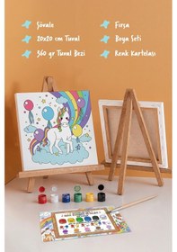 Resim Gökkuşağı Unicorn Çocuk Boyama Tuvali Şövaleli Eğitici Boyama Seti 20x20 Cm 