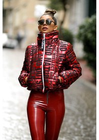 Resim Keyifli Moda Kadın Kırmızı Parlak Yazılı Şişme Dik Yaka Fermuar Kapamalı Mont 