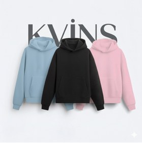 Resim KVİNS 3'lü Bebe Mavi, Siyah ve Pembe Pamuklu Basic Unisex Oversize Kapüşonlu Sweatshirt Seti 