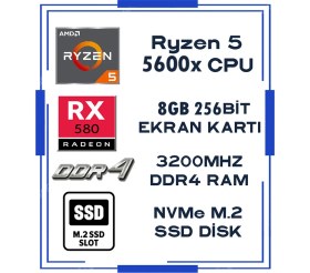 Resim Zeiron Augustus X85 Ryzen 5 5600X 32GB 256GB M.2 Ssd+1tb HDD RX580 8gb 256BIT Sıvı Soğutmalı Oyuncu Masaüstü Bilgisayar 