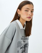 Resim Polo Yaka Slogan Baskılı Şardonlu Oversize Sweatshirt 