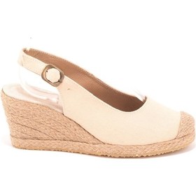 Resim Star Tombis Gerçek Elişi Arkadan Bantlı Topuğu Açık Burnu Hasırlı Keten Espadril Dolgu Topuk Handmade Bej 