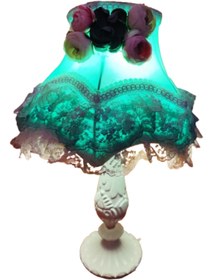 Resim onyyapim SATEN KAPLI DANTEL İŞLEMELİ VİNTAGE AVANGARDE ÇİÇEK DEKORLU ABAJUR 30X50CM 