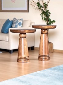 Resim AYLESA Doğal Ahşap 2’li Set Mantar Yan Sehpa Modern Fiskos Zigon Çiçeklik 