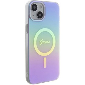 Resim iPhone 15 Uyumlu Kılıf Guess Orjinal Lisanslı Magsafe Şarj Özellik Yazı Logolu Iridescent Kapak Mor 