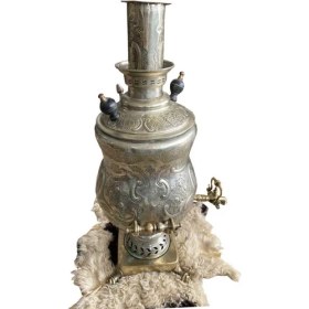 Resim Osmanlıca Yazılı Antika Gümüş Kaplama Semaver AOB1893 