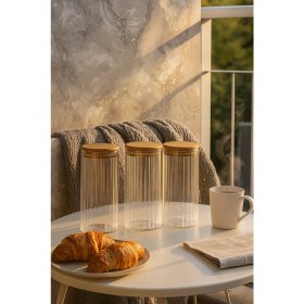Resim Hava Geçirmez 3'lü Çizgili Cam Kahvaltılık Vakum Kapaklı Kavanoz Seti - 1095 ml 