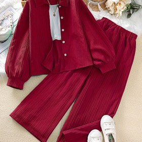 Resim Kız Çocukları İçin 8-12 Yaş Geniş Paça Düğmeli Bluz ve Pantolonlu 2 Parçalı Set, Şık Basit Kore Tarzı Kıyafet - Sonbahar İlkbahar Günlük Giyim Okul Tatili Kıyafeti, Dış Mekan Kullanımı İçin İdeal 
