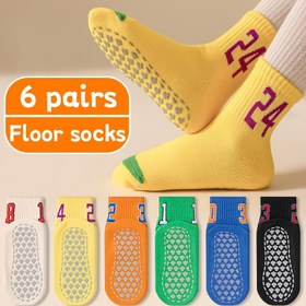 Resim 6 Çift Çocuk Karikatür Zemin Çorabı, Kaymaz, Tüm Mevsimler, Örgü Polyester %95 Spandex %5 Karışımı, Elde Yıkanabilir, Erkek ve Kızlar İçin 