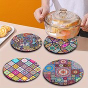 Resim 4 adet Canlı Mandalora Yuvarlak Ahşap Trivets - Dayanıklı, Isıya Dayanıklı, Kaymaz ve Temizlemesi Kolay - Ev, Ofis, Partiler ve Festivaller için Mükemmel, Şenlikli Yemek Aksesuarı | Canlı Desenler | Isıya Dayanıklı Trivets 