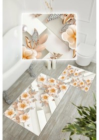 Resim Dijital Baskı Çicek Desen Kaymaz Taban 2li Set Banyo Paspası Klozet Takımı 50x60cm-60x100cm Krem 